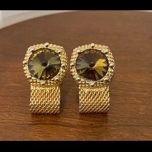 Vintage Swank Gold Tone Mesh Cuff Links with Golden Brown Topaz Crystal Stone.
